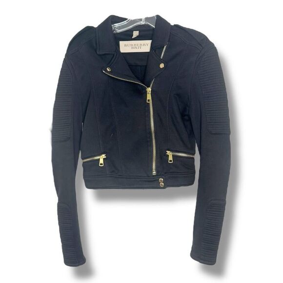 Burberry Brit Women’s Black Gold Hardware Moto Motorcycle Zip Jacket US Size 8 - Picture 1 of 9